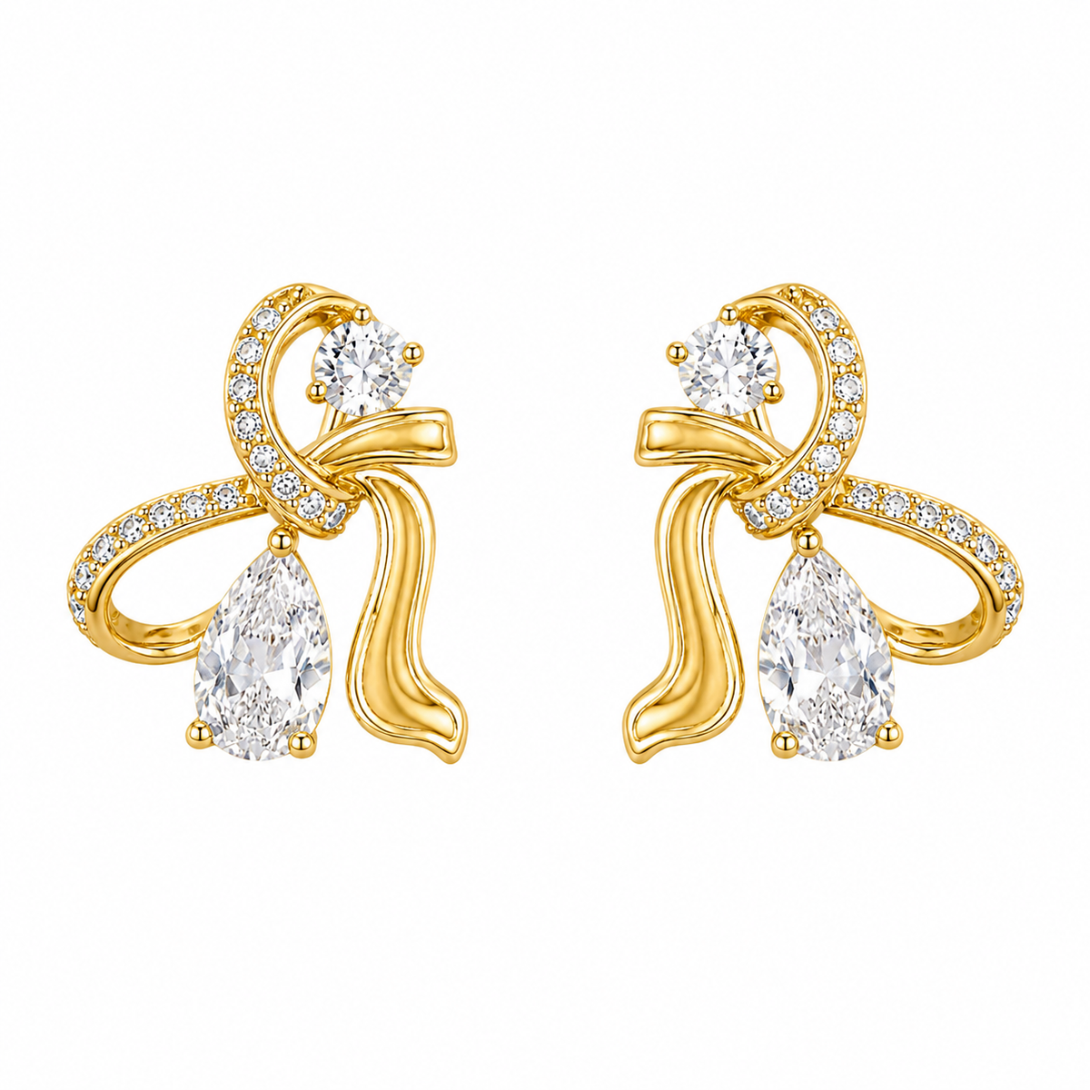 Gold Bow Drop Earrings with CZ Teardrop Crystals