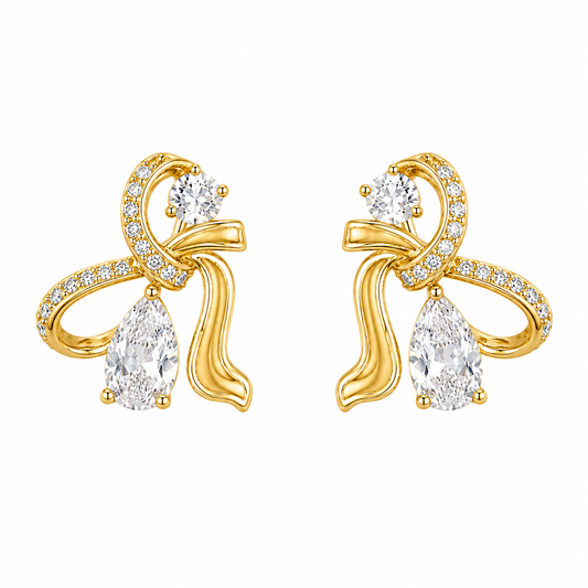 Gold Bow Drop Earrings with CZ Teardrop Crystals