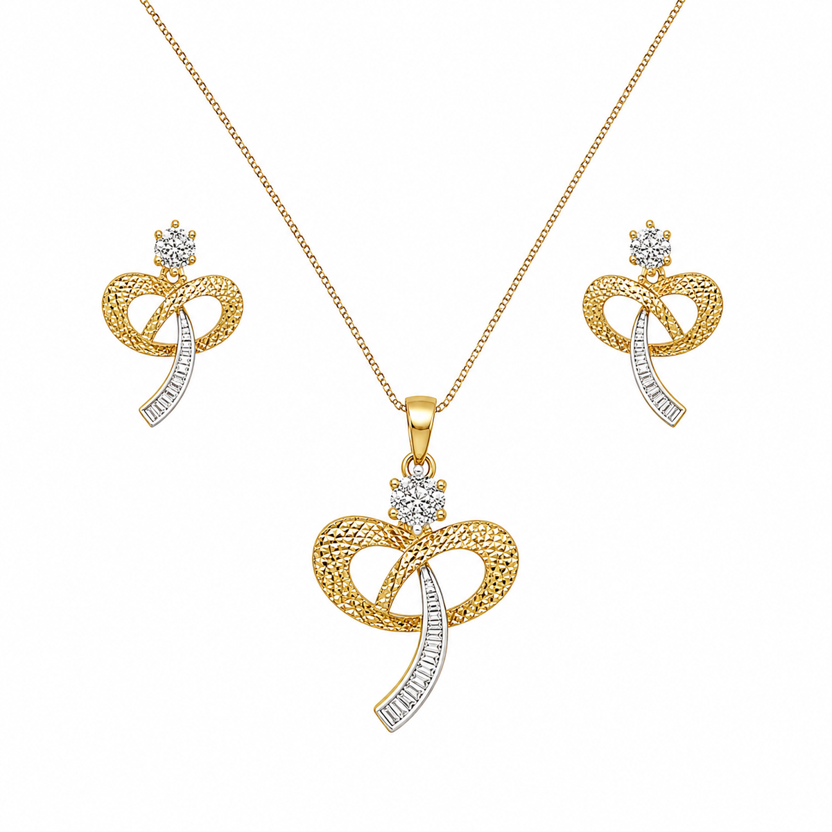 Gold Bow Floral Crystal Pendant Necklace Set