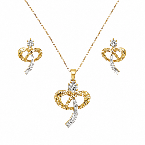 Gold Bow Floral Crystal Pendant Necklace Set