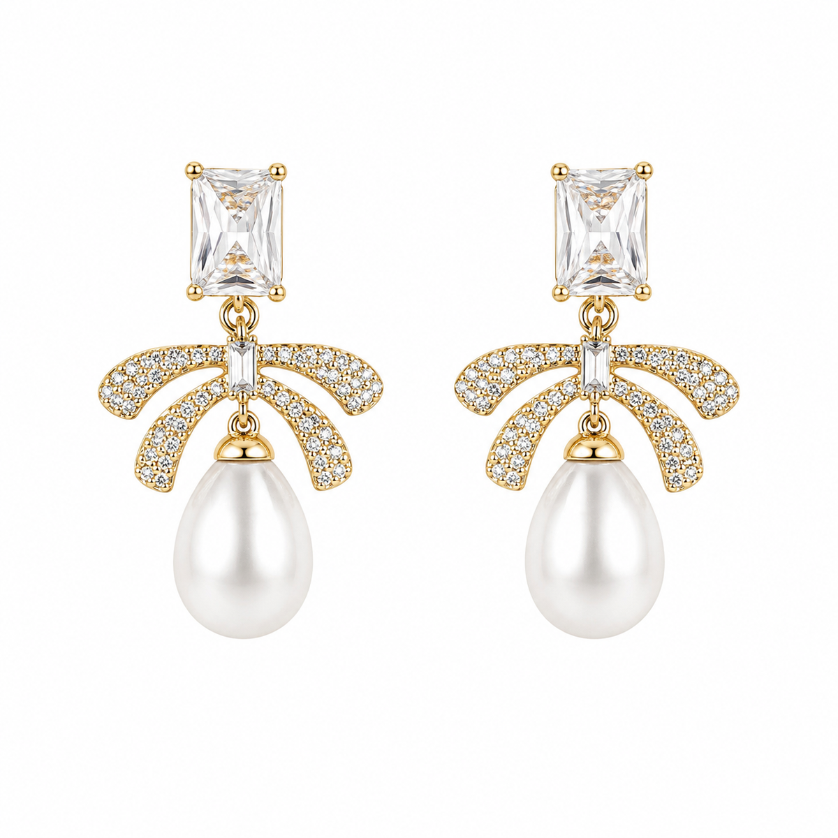 Gold Bow Pearl Drop Earrings with Crystal Accents
