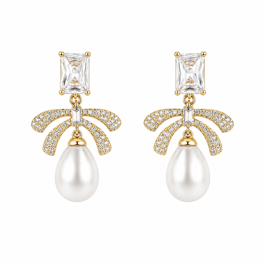 Gold Bow Pearl Drop Earrings with Crystal Accents