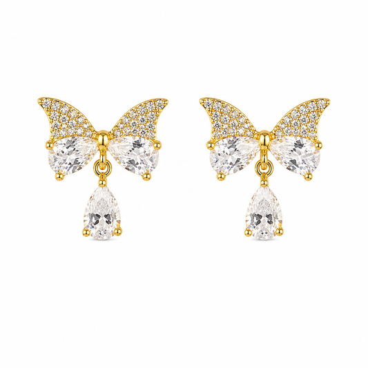 Gold Butterfly Drop Earrings with Sparkling Crystals