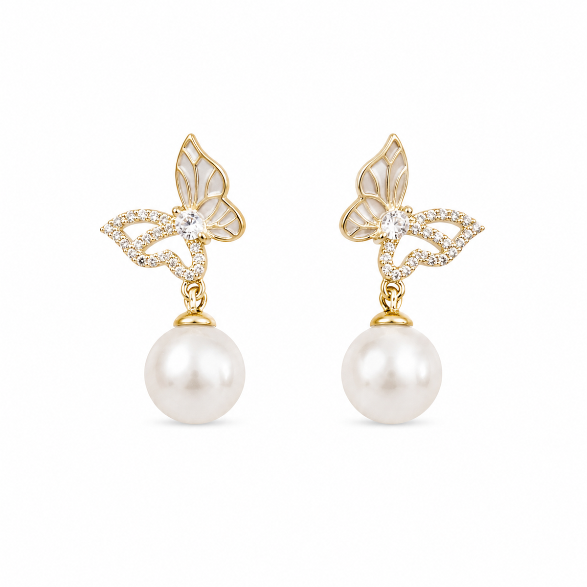 Gold Butterfly Pearl Drop Earrings with Crystals