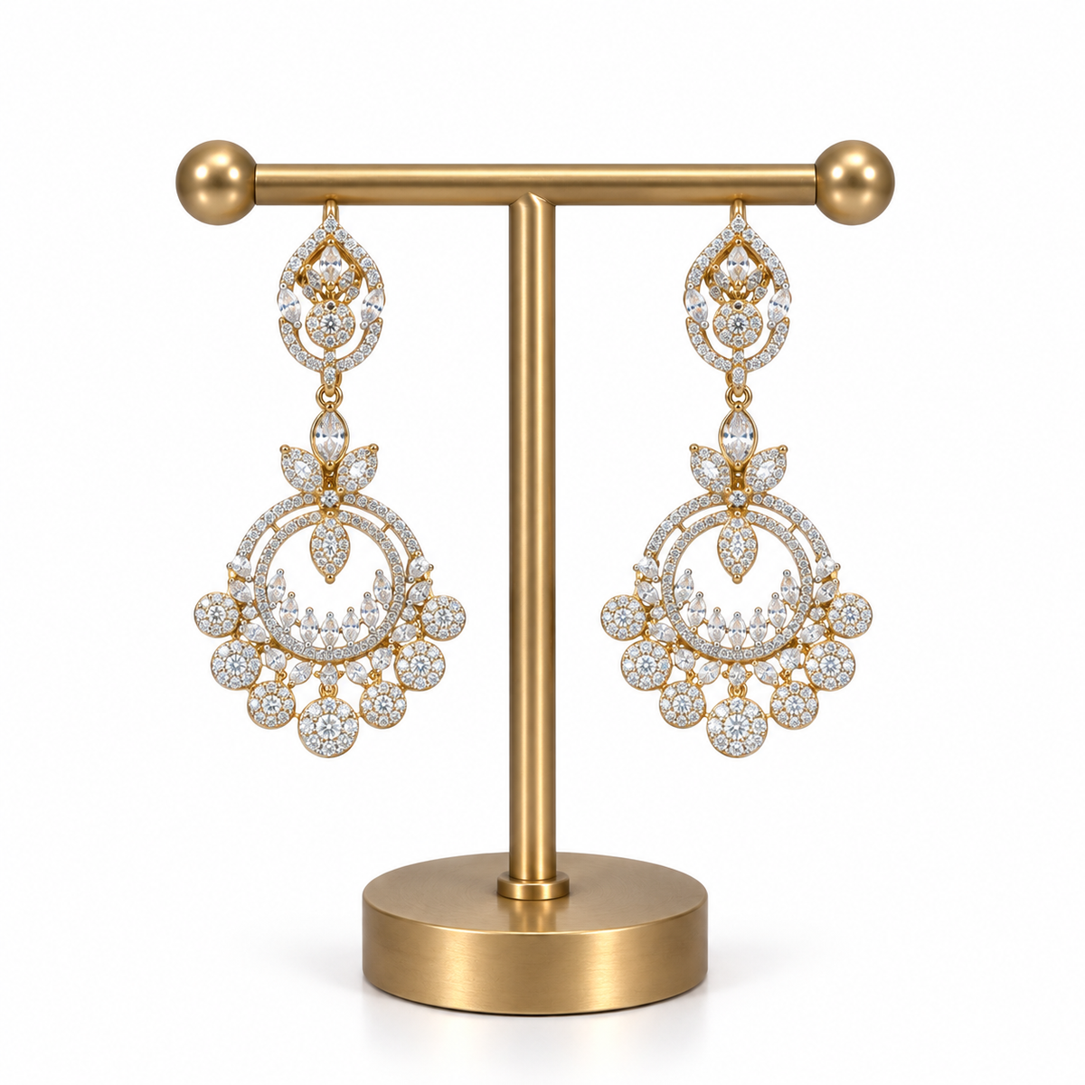 Gold Crystal Floral Design Drop Earrings for Women