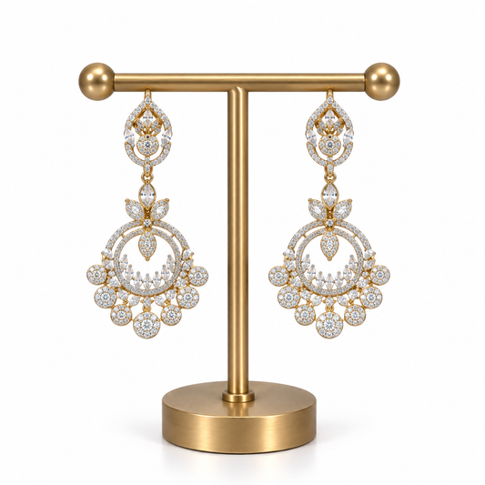 Gold Crystal Floral Design Drop Earrings for Women