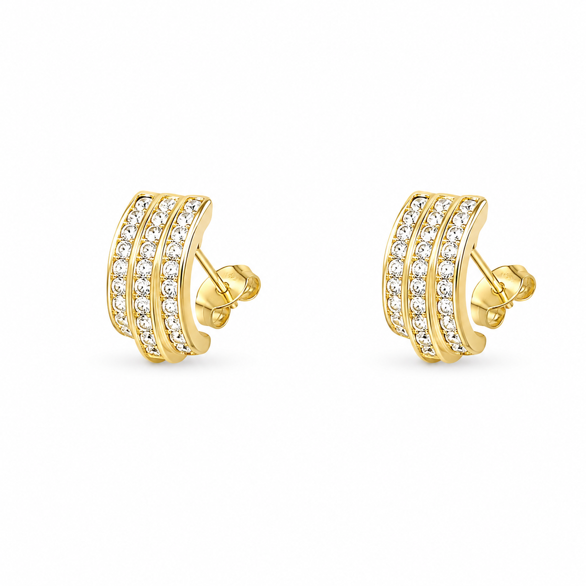 Gold Crystal Triple Band Stud Earrings for Women