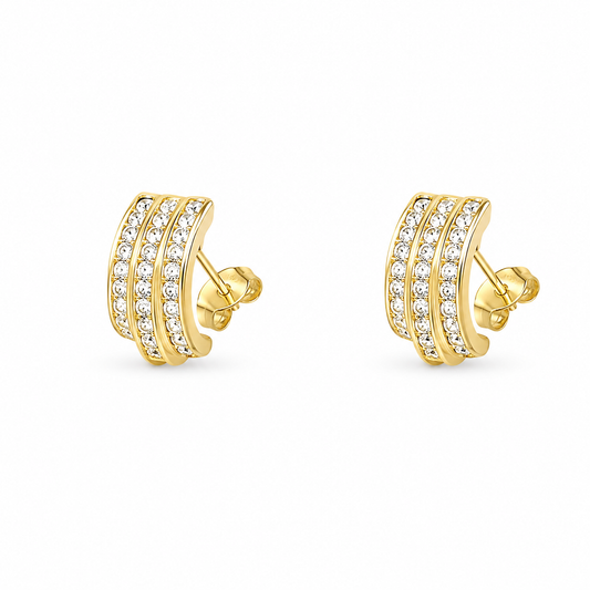 Gold Crystal Triple Band Stud Earrings for Women