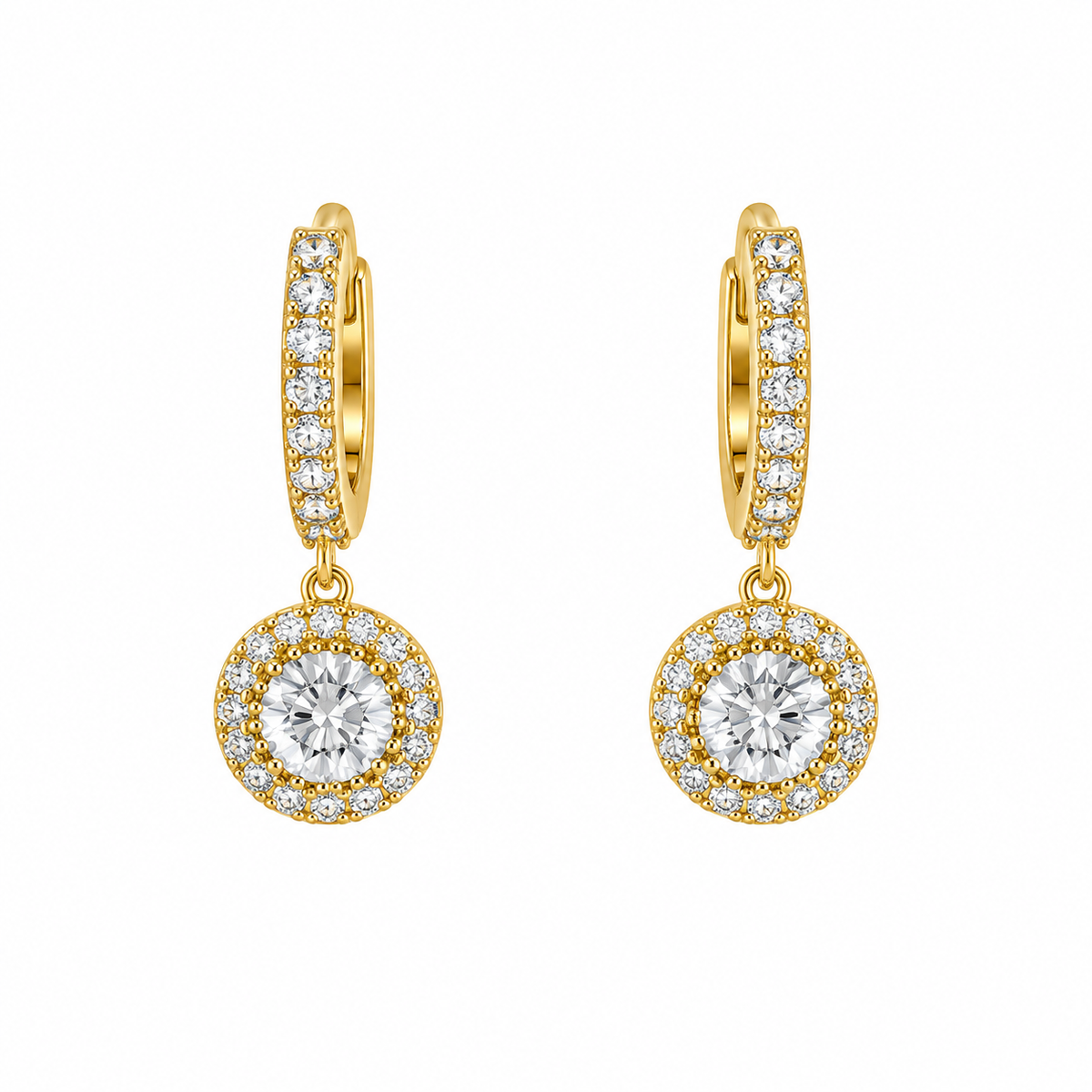 Gold Drop Earrings with Round Crystal Halo Design