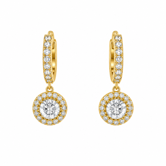 Gold Drop Earrings with Round Crystal Halo Design