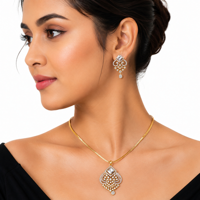 Gold Elegant Crystal Pendant Necklace Set for Women