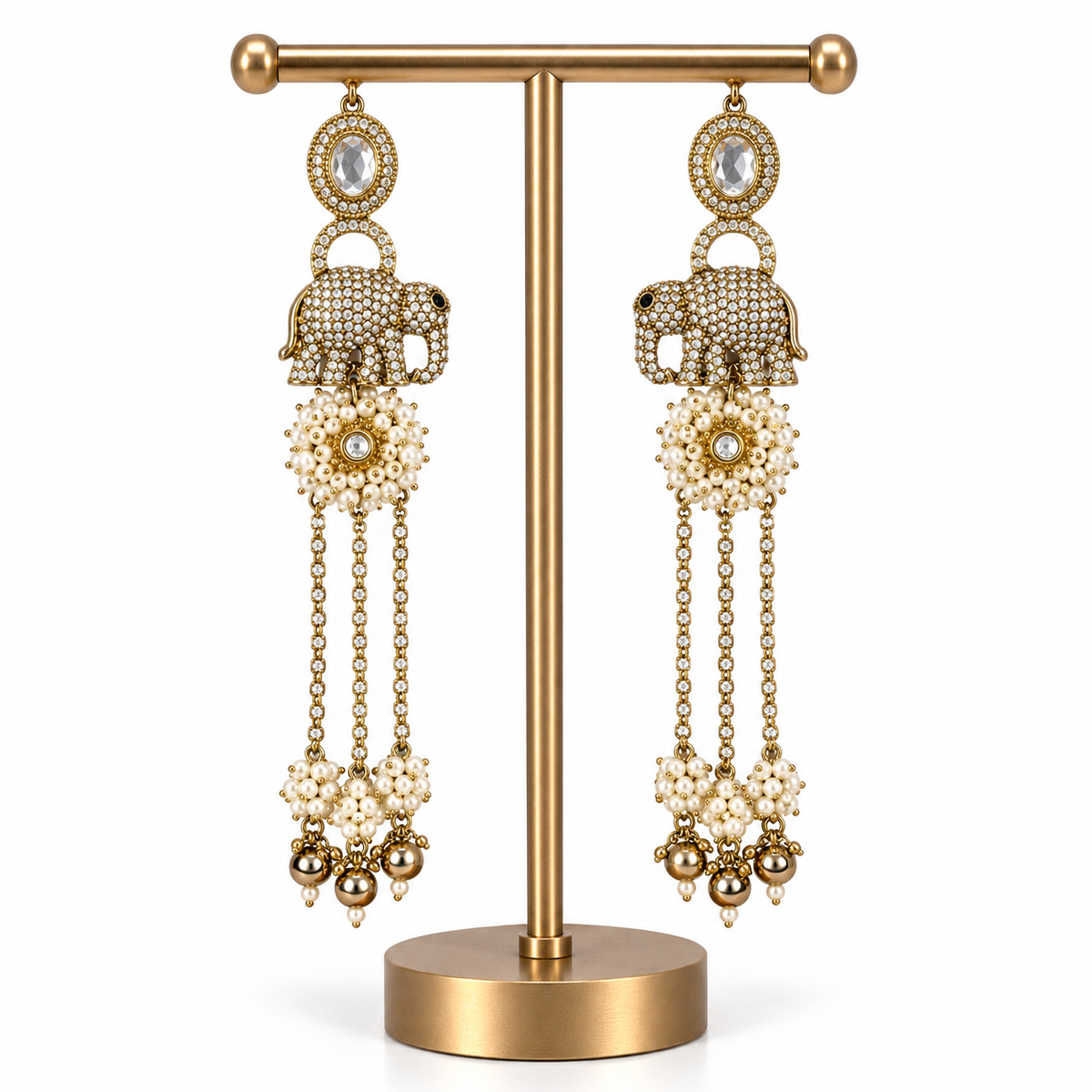 Gold Elephant Pearl Crystal Long Drop Earrings for Women