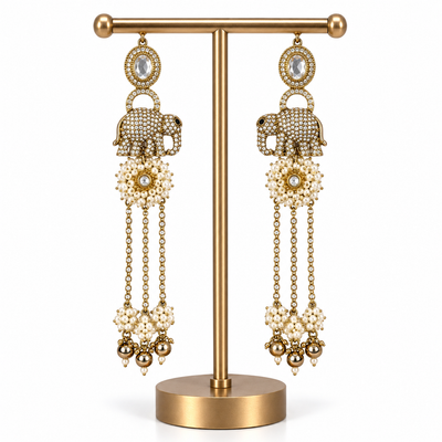 Gold Elephant Pearl Crystal Long Drop Earrings for Women