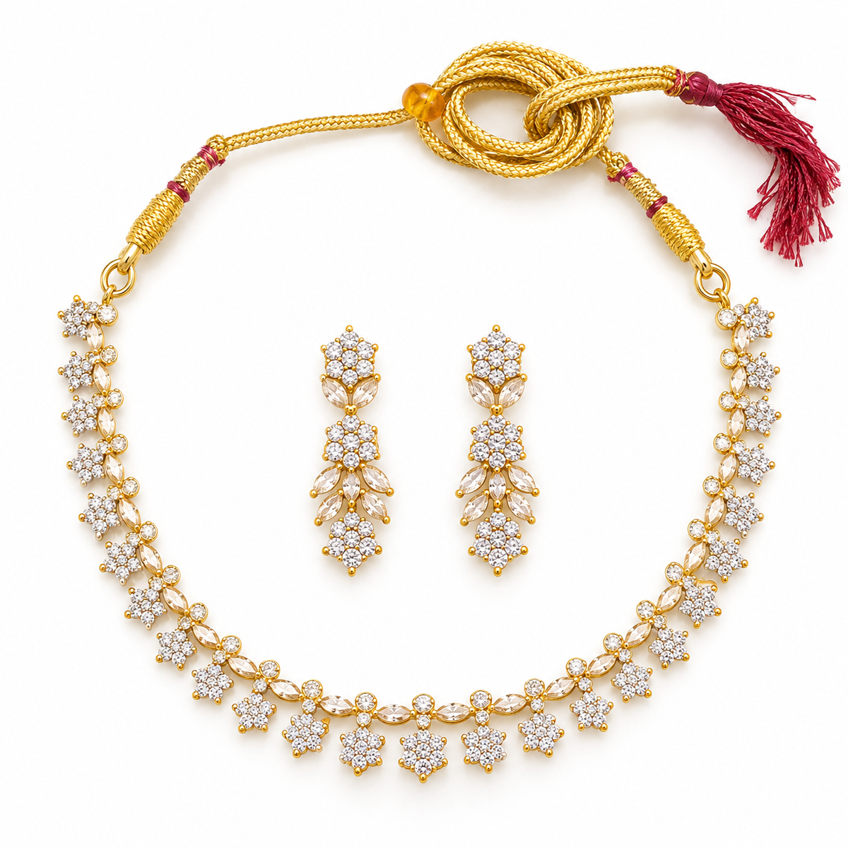 Gold Floral Crystal Necklace Set with Matching Earrings