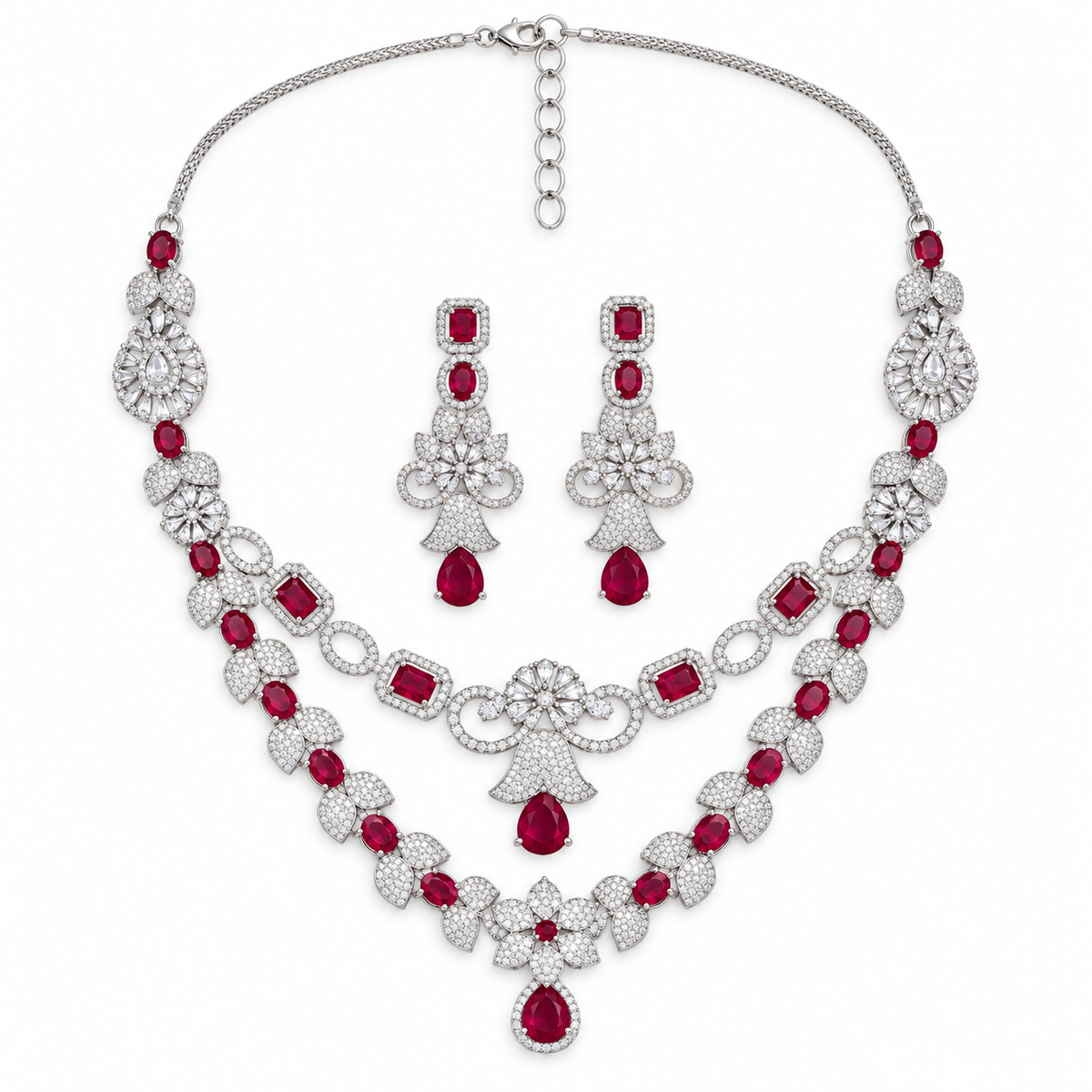 Ruby Red Crystal Necklace Set with Floral Earrings