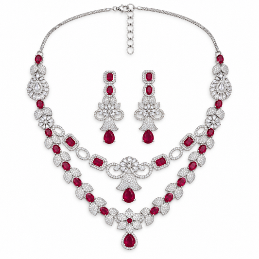 Ruby Red Crystal Necklace Set with Floral Earrings