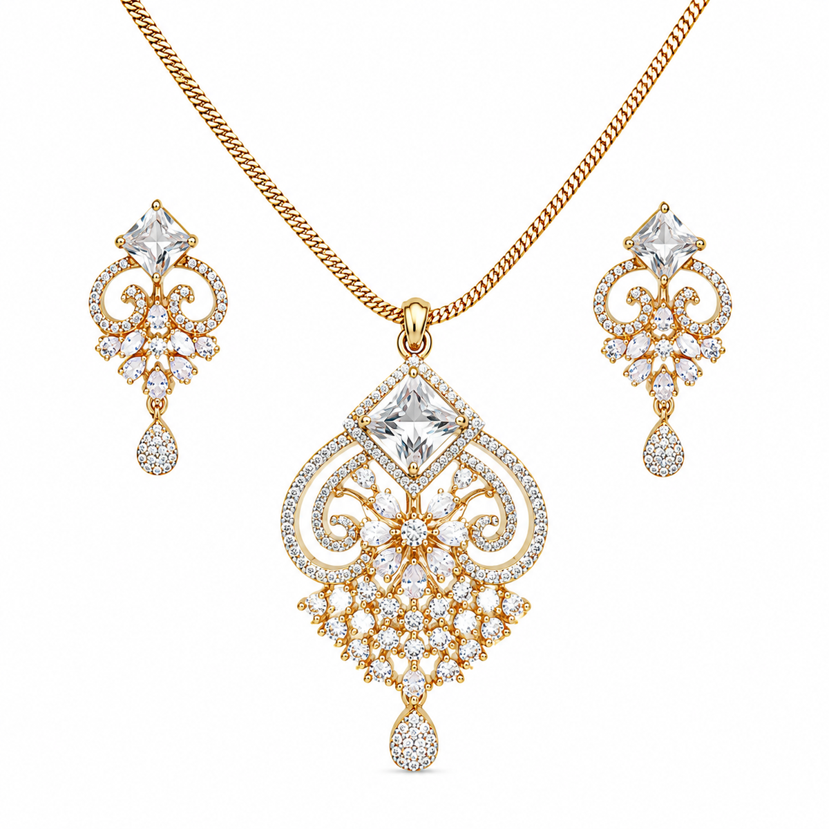 Gold Floral Crystal Pendant Necklace Set