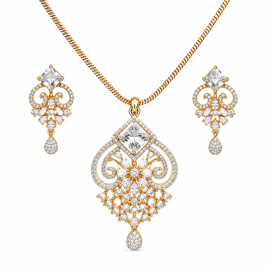 Gold Floral Crystal Pendant Necklace Set