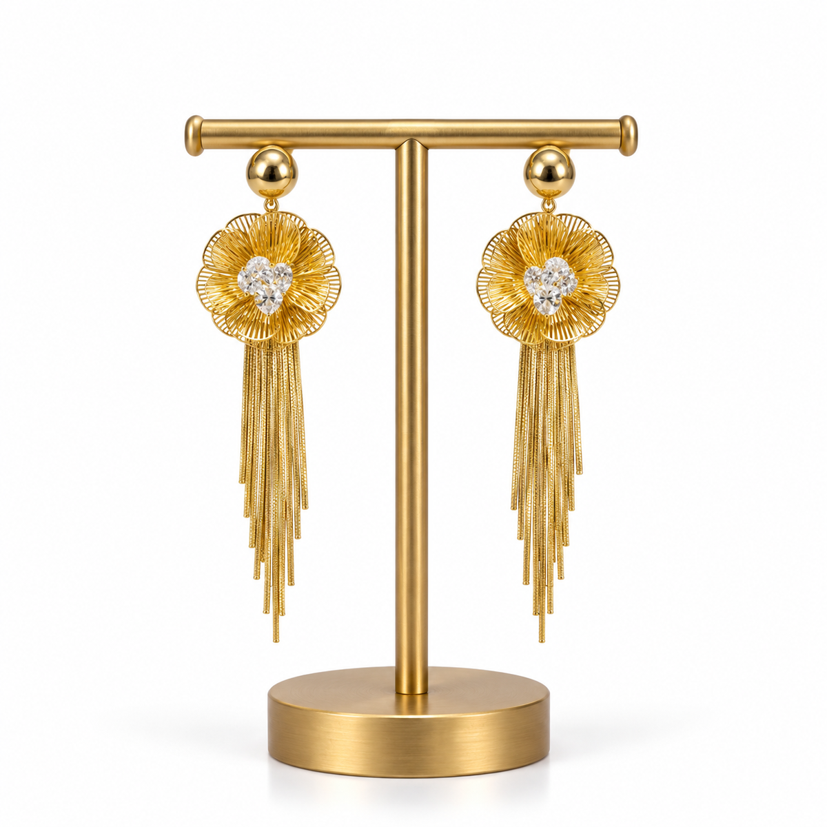 Gold Floral Crystal Tassel Drop Earrings for Women