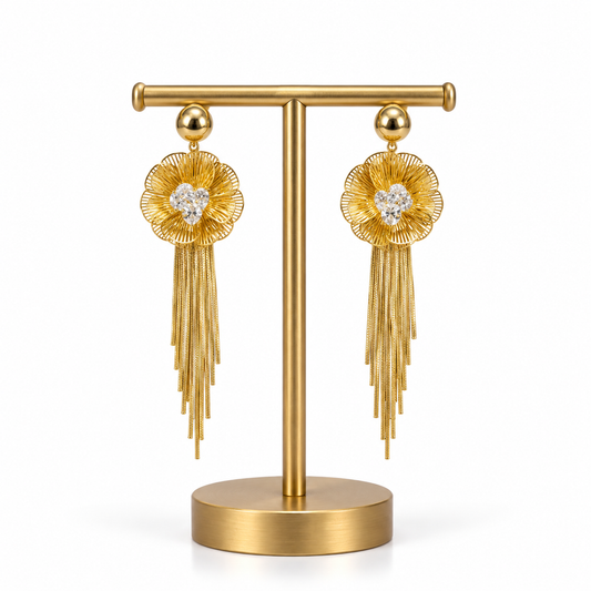 Gold Floral Crystal Tassel Drop Earrings for Women