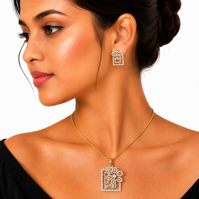 Gold Floral Frame Crystal Pendant Necklace Set for Women