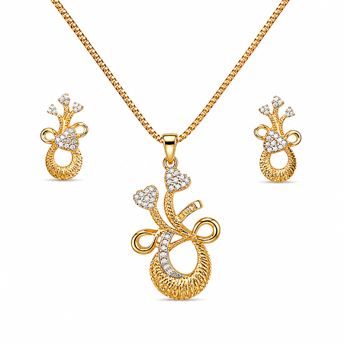 Gold Floral Loop Crystal Pendant Necklace Set
