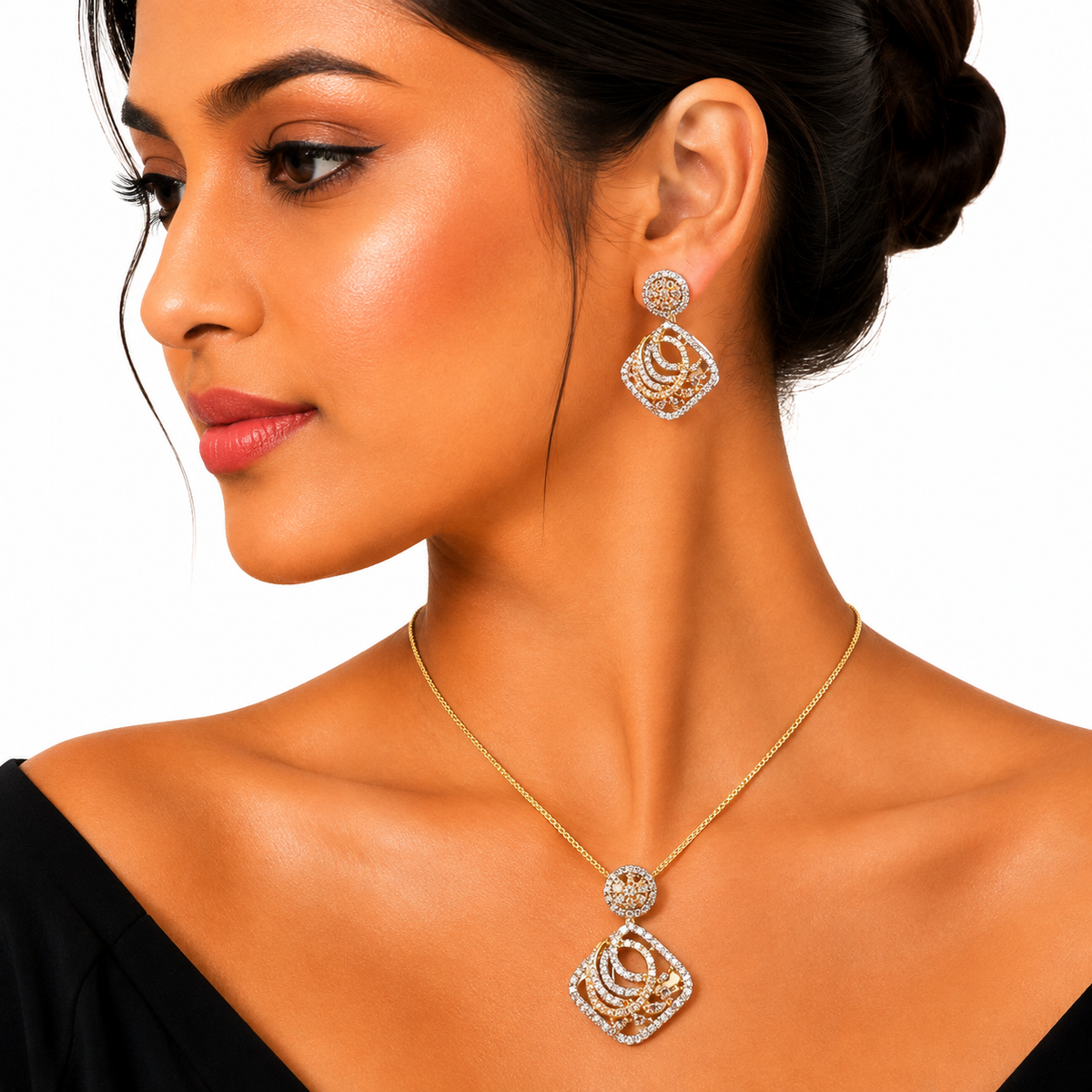 Gold Geometric Crystal Pendant Necklace Set for Women