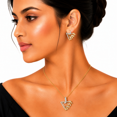 Gold Geometric Floral Crystal Pendant Set for Women