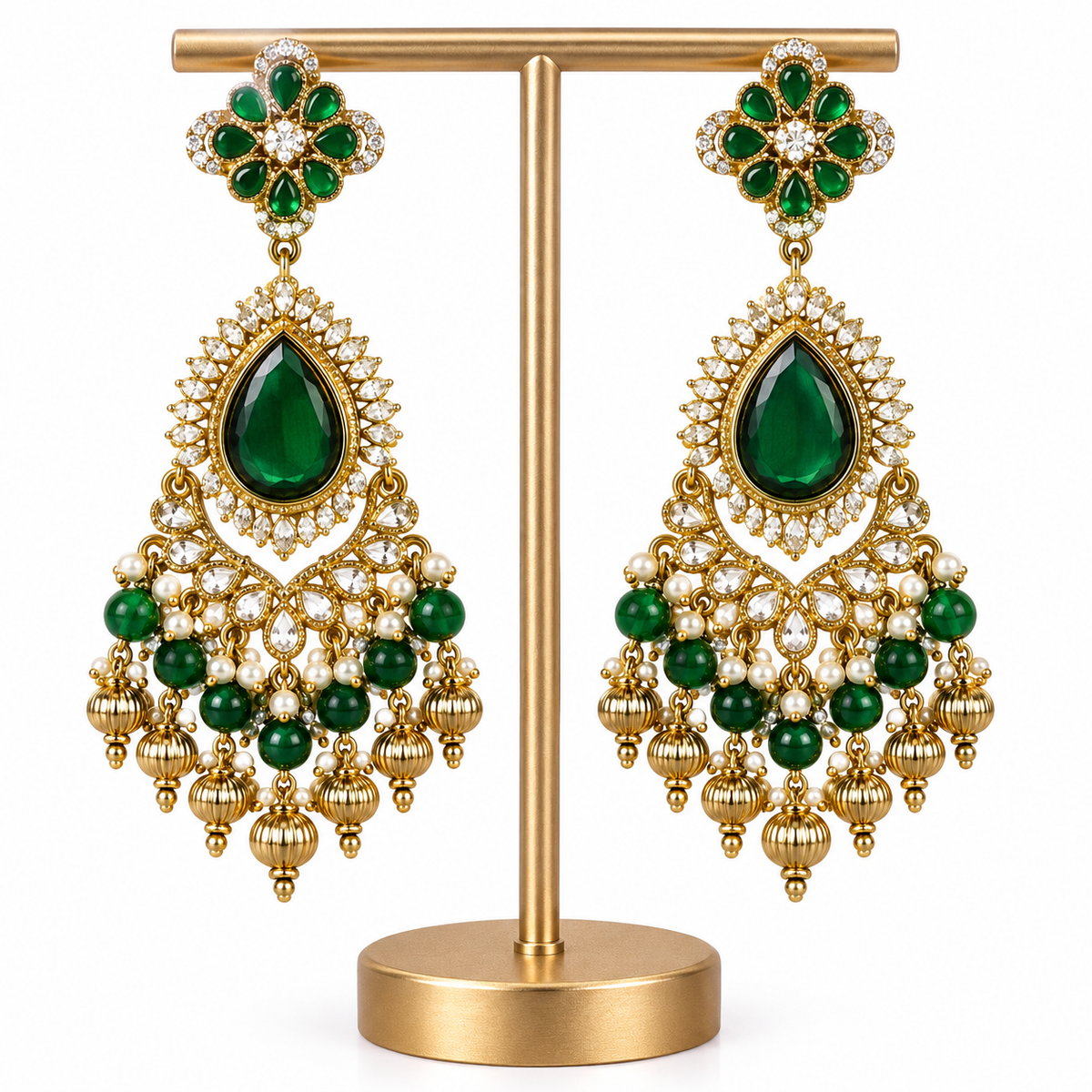 Gold Green Emerald Pearl Drop Earring