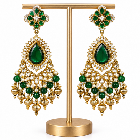 Gold Green Emerald Pearl Drop Earring