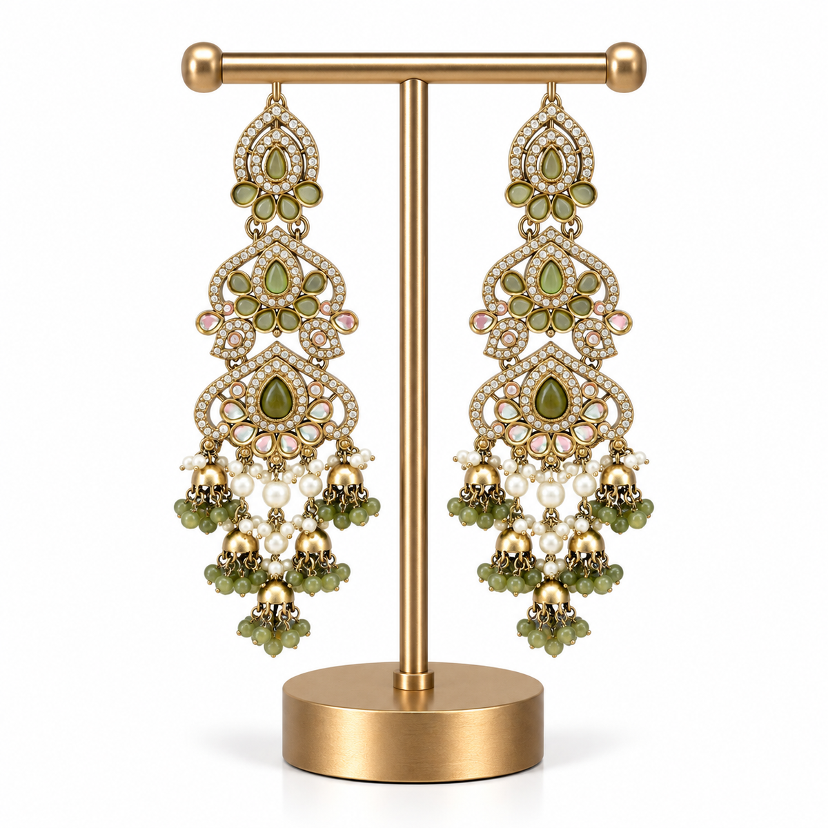 Gold Green Pearl Detailed Long Drop Earrings for Women