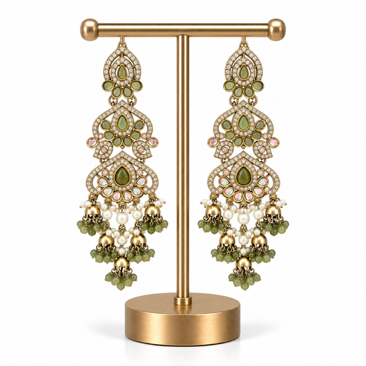 Gold Green Pearl Detailed Long Drop Earrings for Women