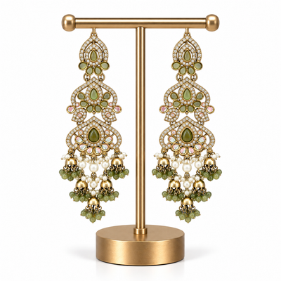 Gold Green Pearl Detailed Long Drop Earrings for Women