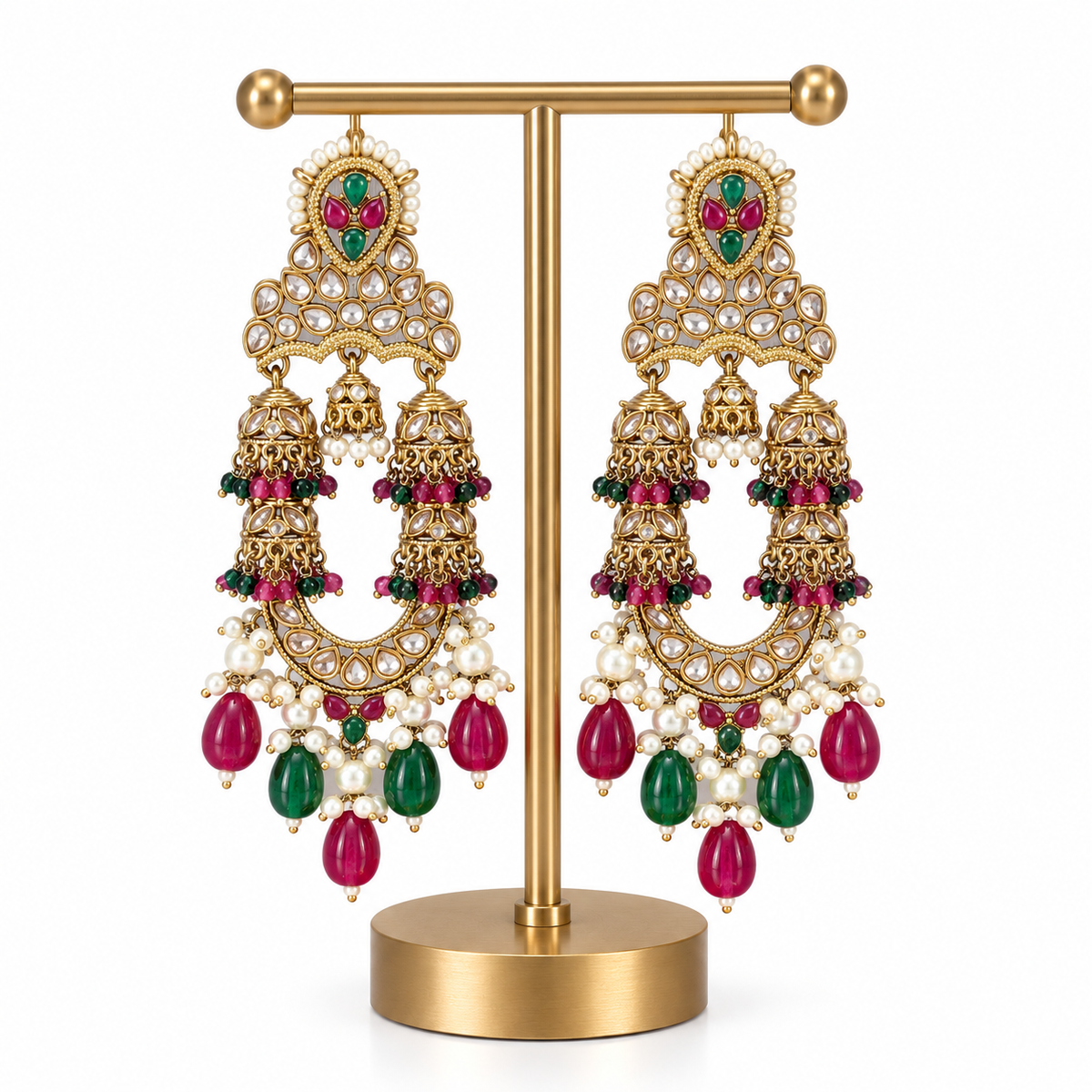 Gold Green Red Pearl Jhumka Drop Earrings for Women