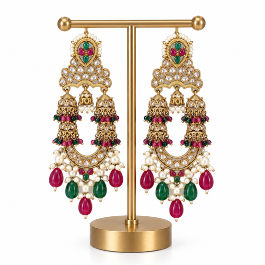 Gold Green Red Pearl Jhumka Drop Earrings for Women