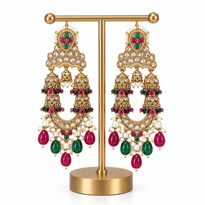 Gold Green Red Pearl Jhumka Drop Earrings for Women