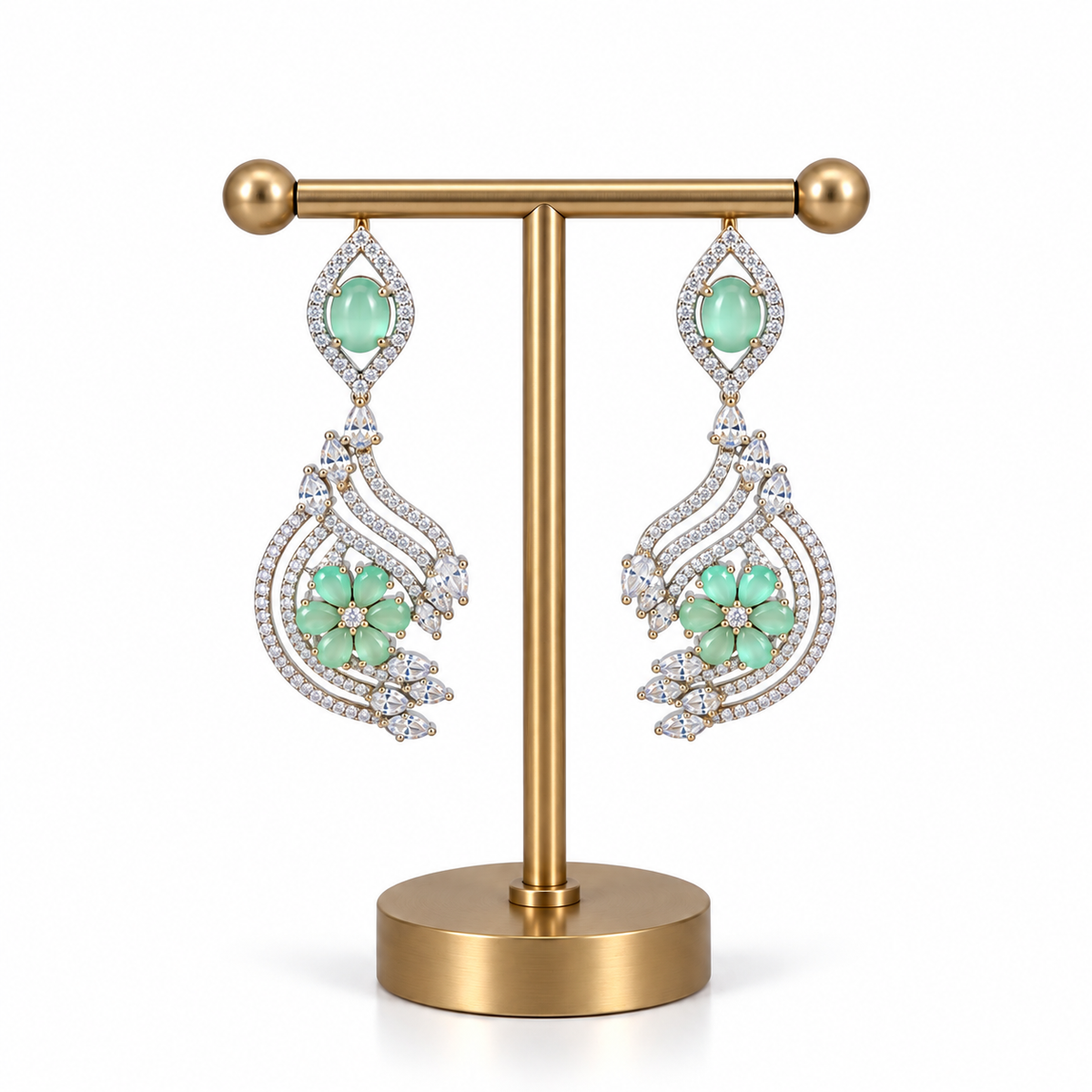 Gold Green Stone Crystal Floral Drop Earrings for Women