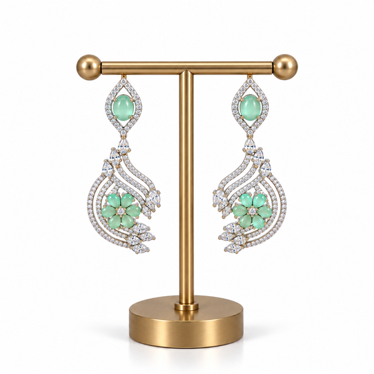 Gold Green Stone Crystal Floral Drop Earrings for Women