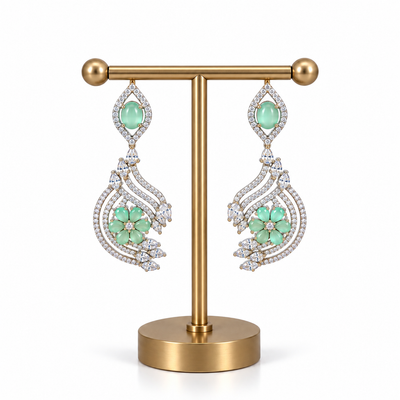 Gold Green Stone Crystal Floral Drop Earrings for Women