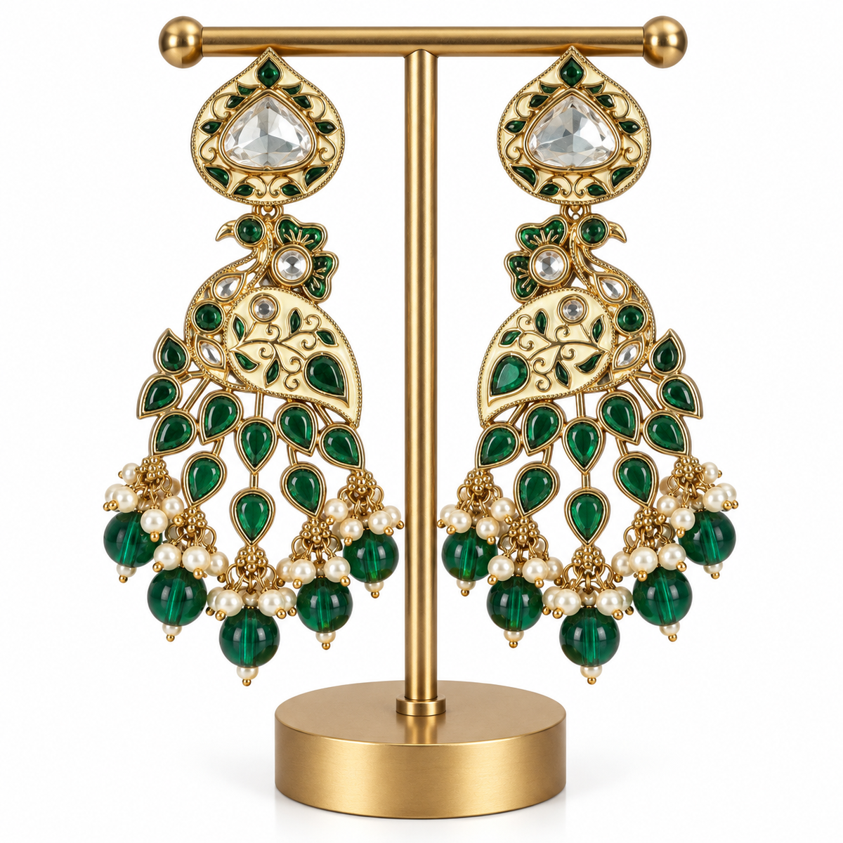 Gold Green Stone Pearl Drop Earrings