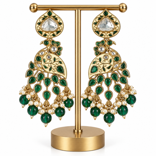 Gold Green Stone Pearl Drop Earrings