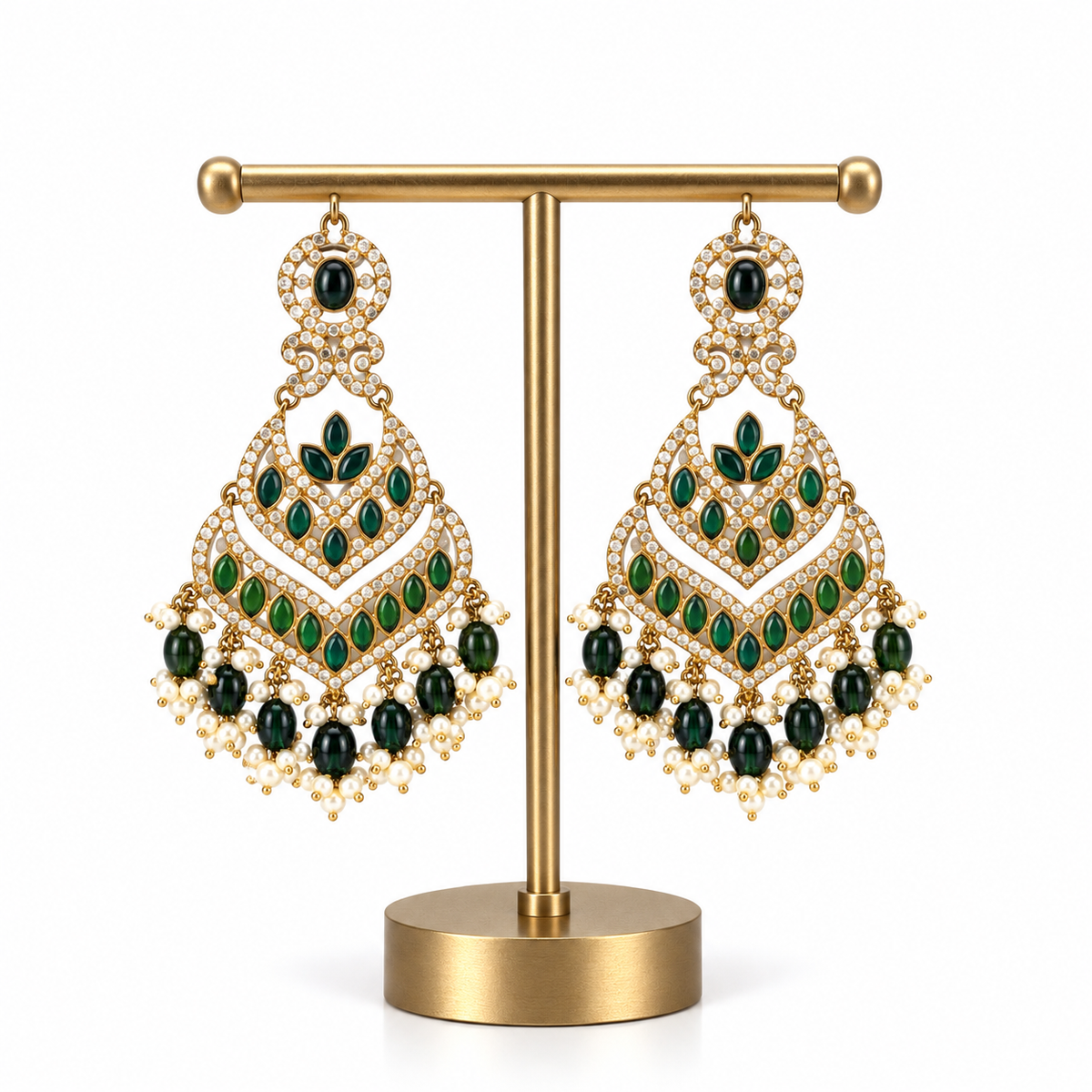 Gold Green Stone Pearl Long Drop Earrings for Women