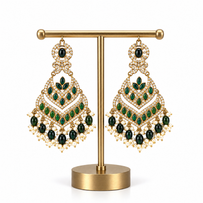 Gold Green Stone Pearl Long Drop Earrings for Women