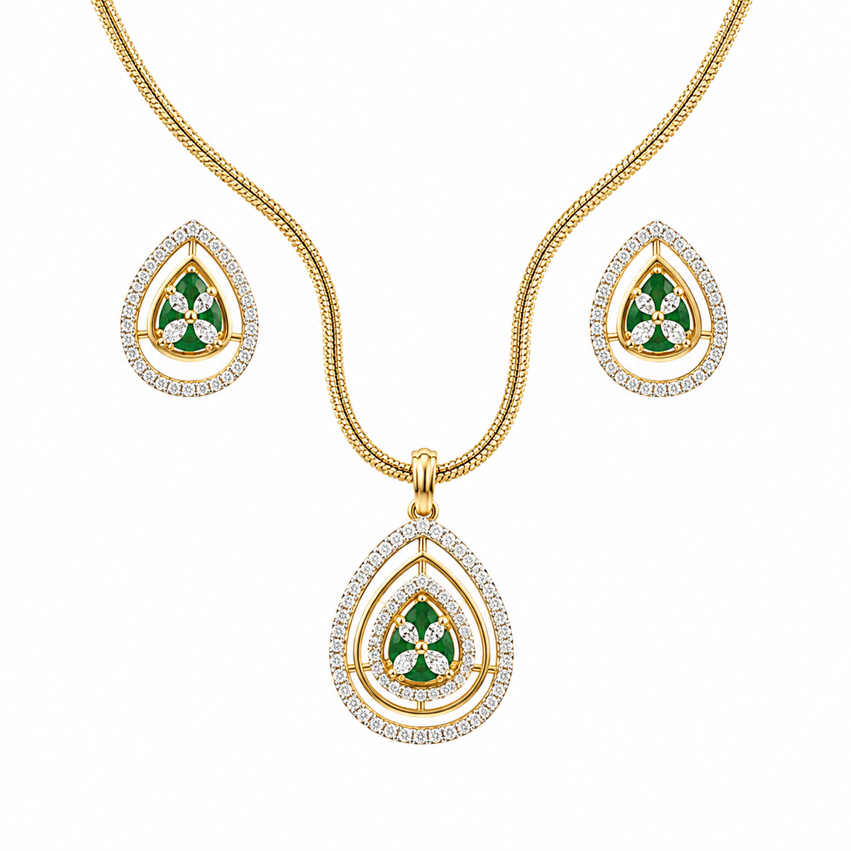 Gold Green Teardrop Pendant Set