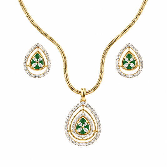 Gold Green Teardrop Pendant Set