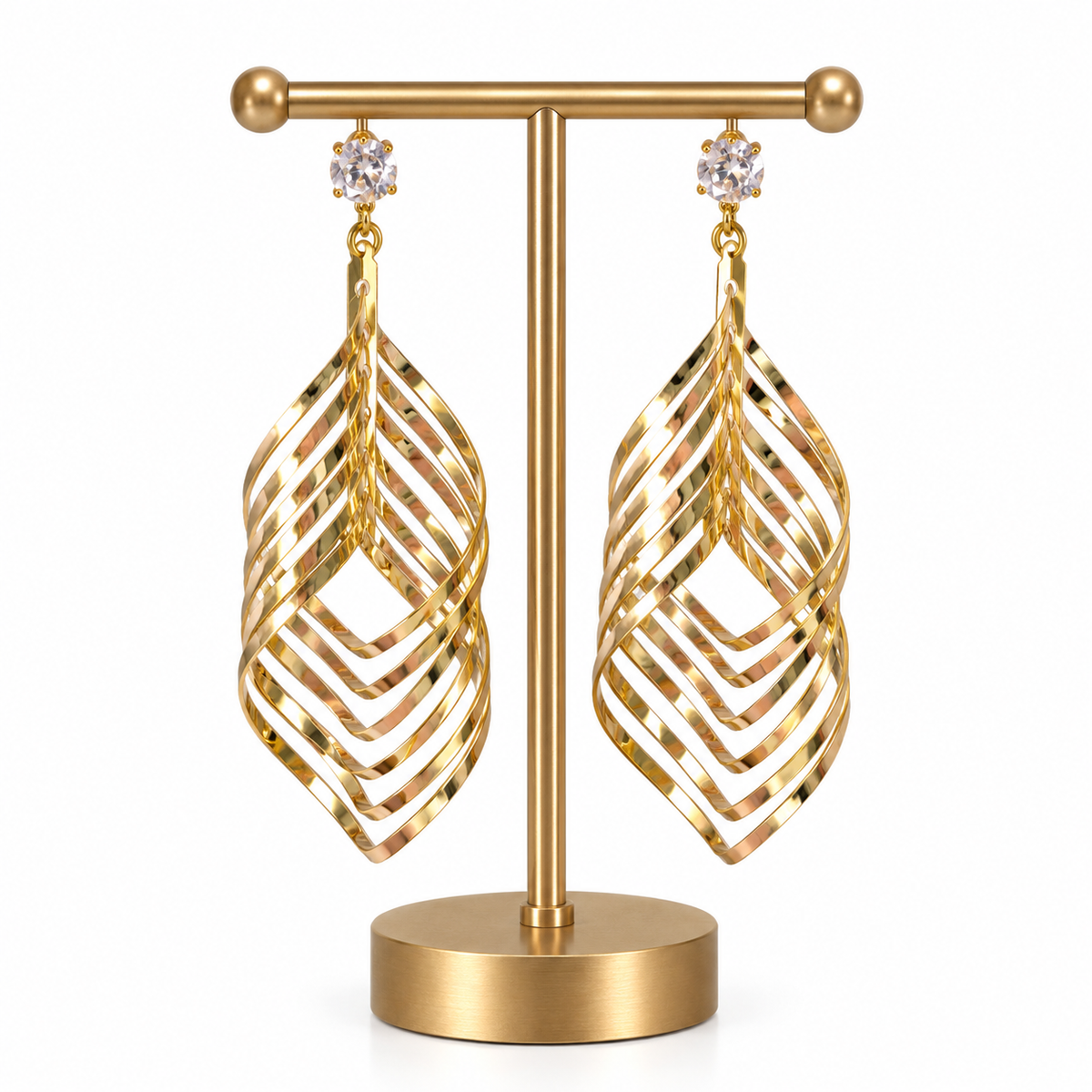 Gold Leaf Design Crystal Long Drop Earrings for Women
