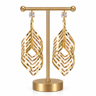 Gold Leaf Design Crystal Long Drop Earrings for Women