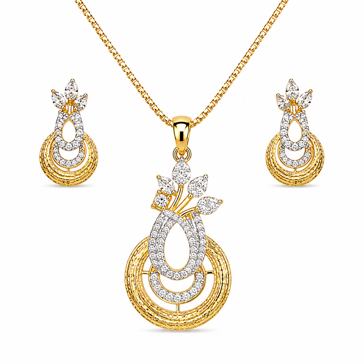 Gold Leaf Loop Crystal Pendant Necklace Set
