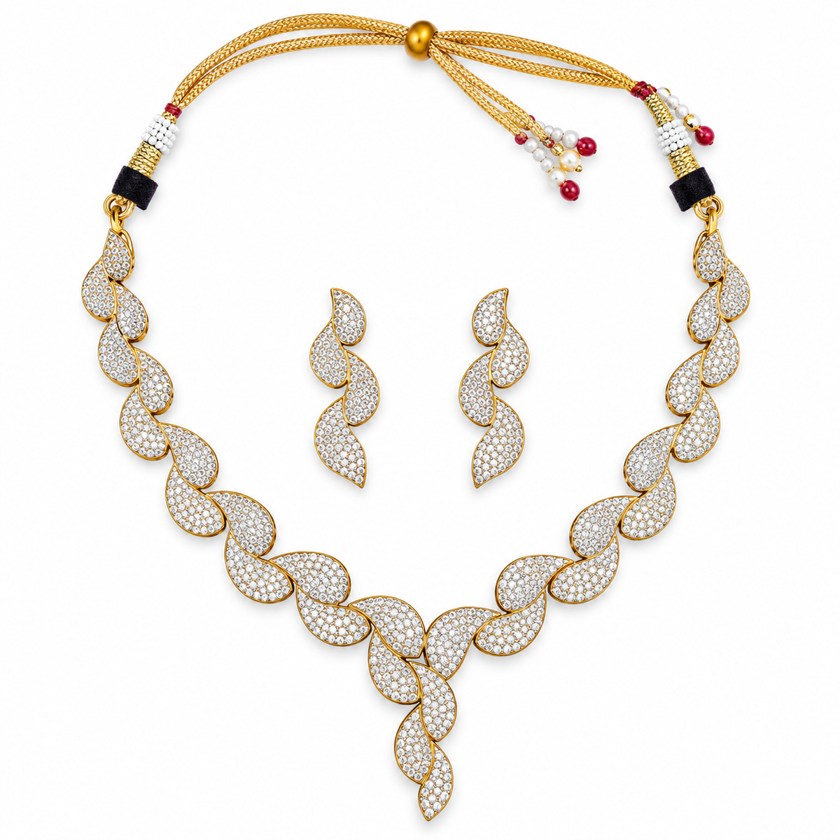 Gold Leaf Pattern Necklace Set with Crystal Earrings