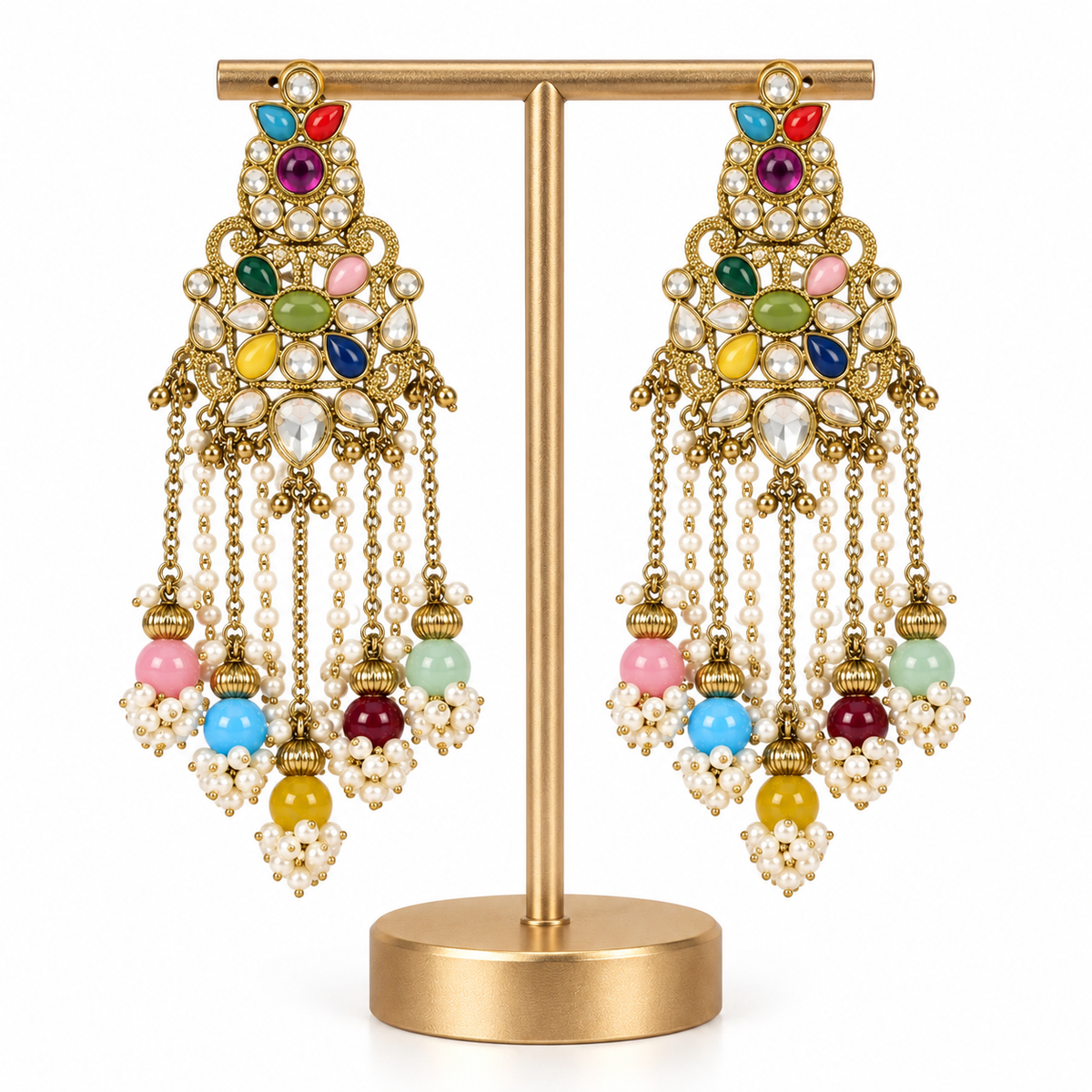 Gold Multicolor Pearl Beaded Drop Earrings for Women